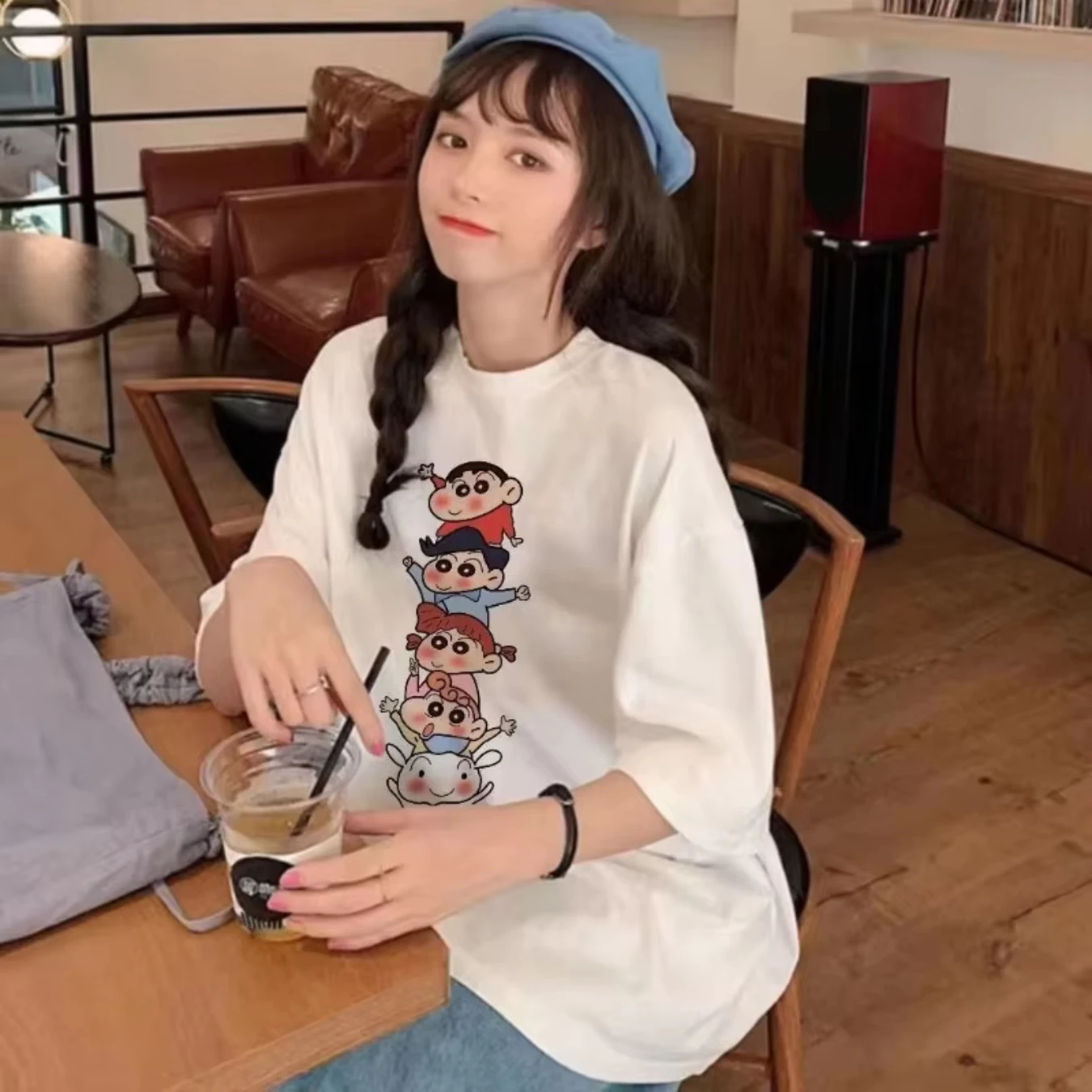 Crayon Shinchan Graphic T-Shirt Women's Oversized Cotton Tee Kawaii Summer Cartoon Print Streetwear Fashion Top​ Plus Size