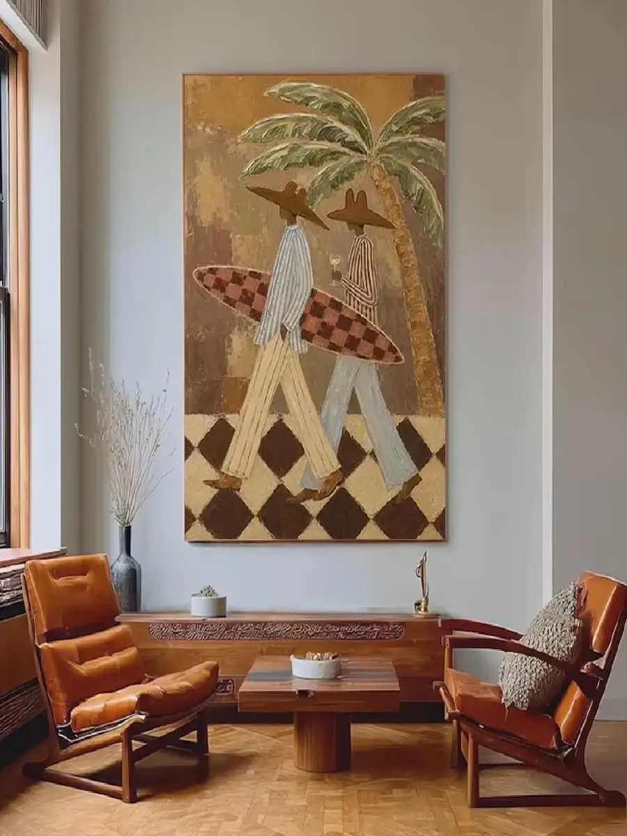 Vintage Surfer Tropical Palm Tree Canvas Wall Art Boho Retro Surf Figure Painting Wall Decor for Living Room Home Decoration