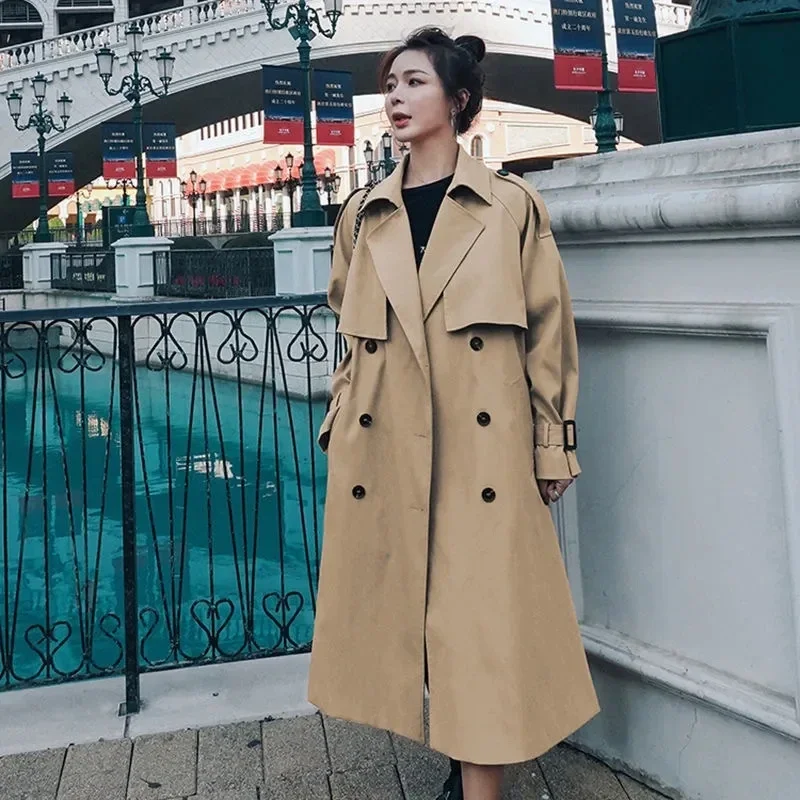 Black Khaki Women's Trench Coat 2025 Spring Autumn New Temperament Lapel Long Overcoat Female With belt Casual Windbreaker Coats