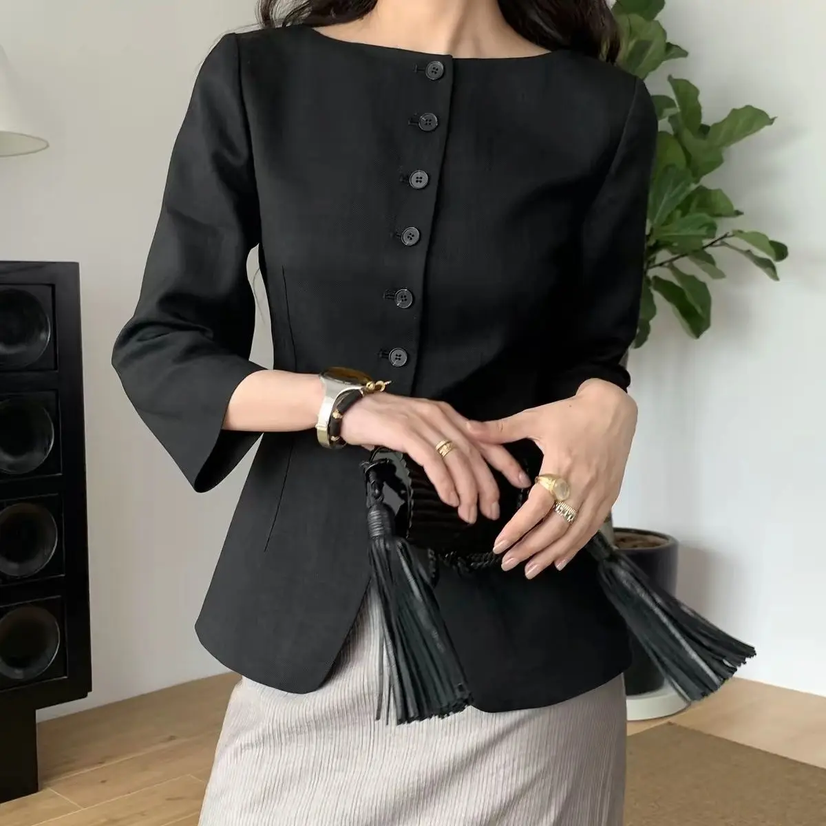 Kimutomo Y2K Off Shoulder Waist Cinching Blazer Women 3/4 Sleeve Elegant Slim Fit Jacket Office Lady