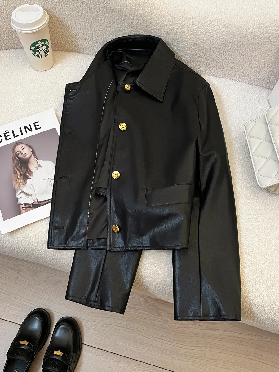 Autumn and winter women's casual solid color lapel long sleeved pocket decoration short jacket