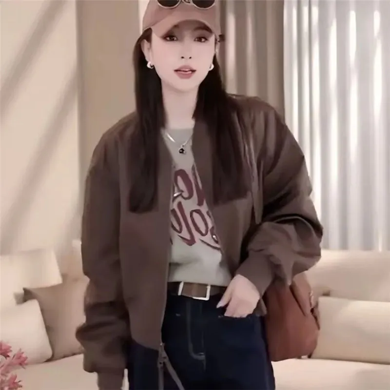 

2025Q Autumn New Women's Design Fashion Coat Baseball Uniform Short Female Casual Simple Jacket Baseball Collar Loose Overwear