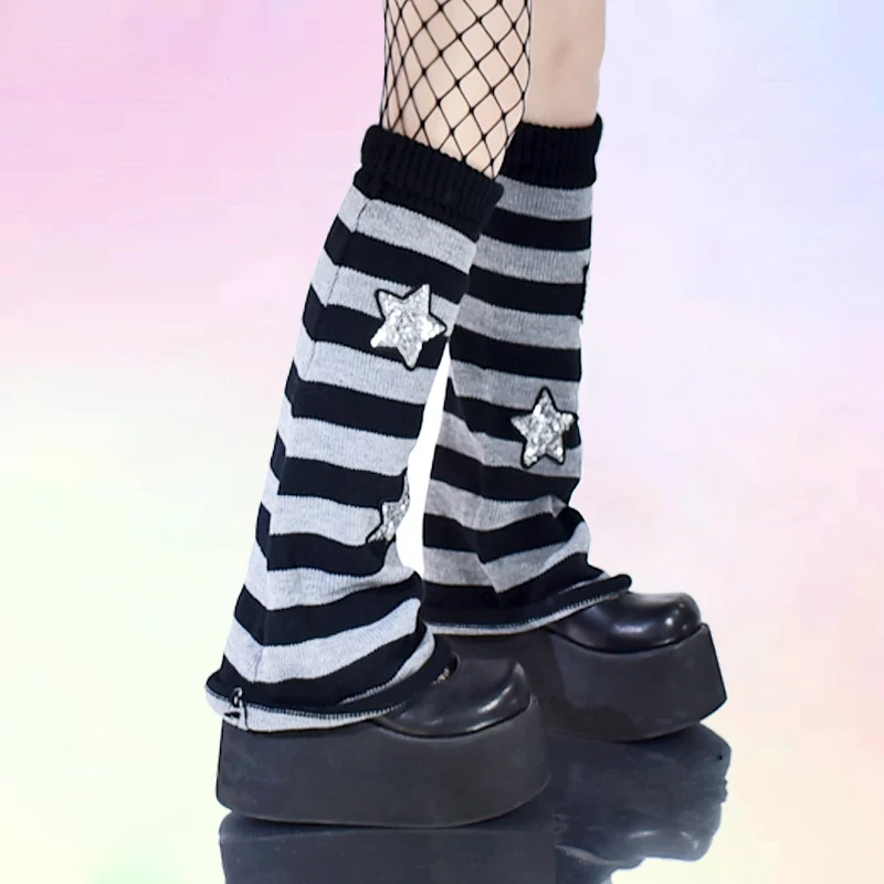 Black and grey striped socks knee protector  wide leg pile socks set with cool over knee fishnet socks