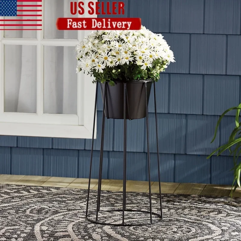 Tall Black Metal Plant Stand Indoor Outdoor Use Durable Iron Planter with Drain Hole Modern Decorative Floral Holder