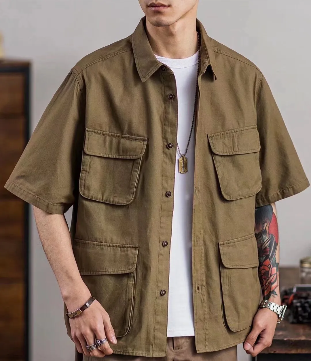 

Men's Vintage Workwear Shirt Summer Breathable Cotton Short Sleeve Multi Pocket Casual Loose Oversized Stylish Trendy Outer Coat
