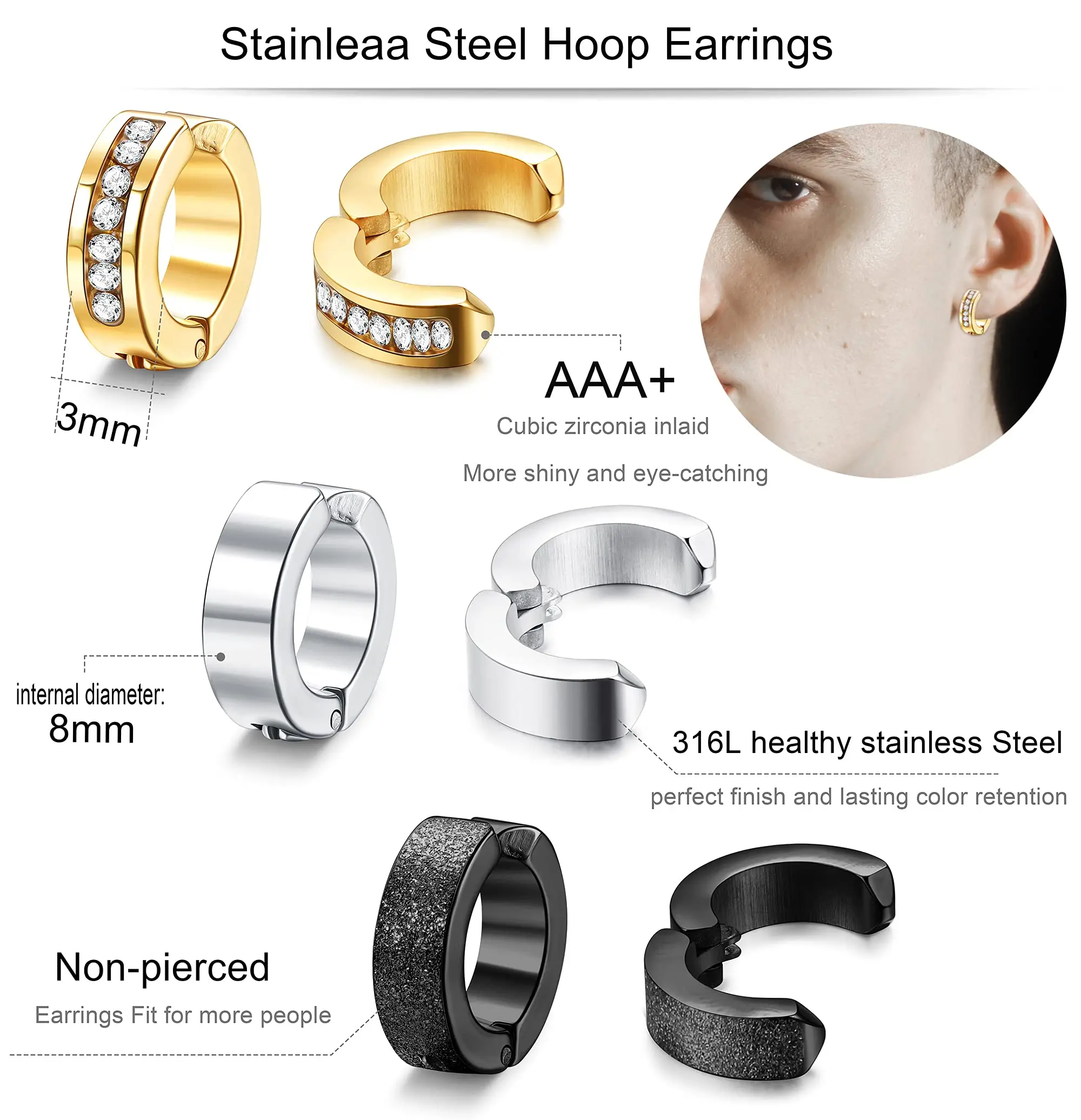 1 Pair/9 Pairs Non-Piercing Earrings Stainless Steel Clip On Hoop Earrings For Men Women Paved CZ Ear Clip Earrings Set