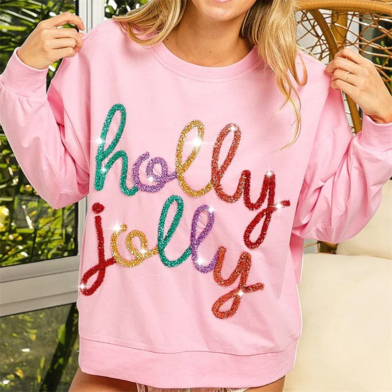 Christmas Womens Sequin Letter Sweatshirt Clothes Colorful O Neck Long Sleeve Hoodies Holiday Clothing Streetwear