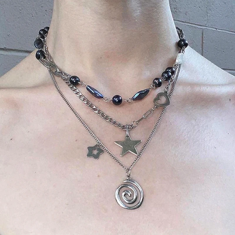 Punk Charms Jewelry Chains Vortex Swirl Pendant Necklaces Vintage Star Choker Women Fashion Goth Necklace Accessory Grunge