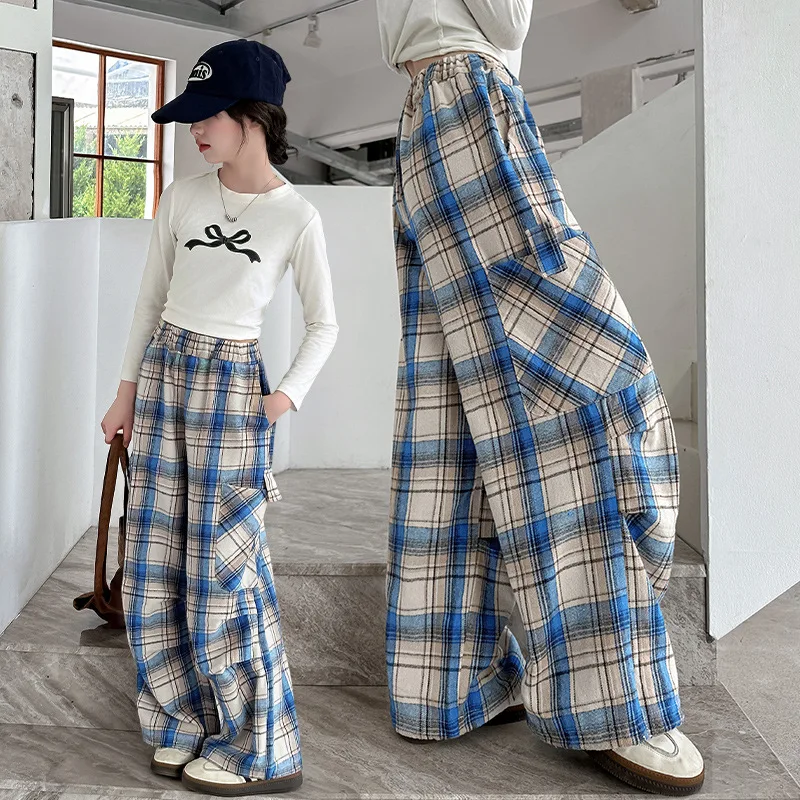 Teens Girl Blue Plaid Cargo Pants with Side Pocket for Autumn Children Fashion Stylish Straight Trousers Kids Casual Sweatpants