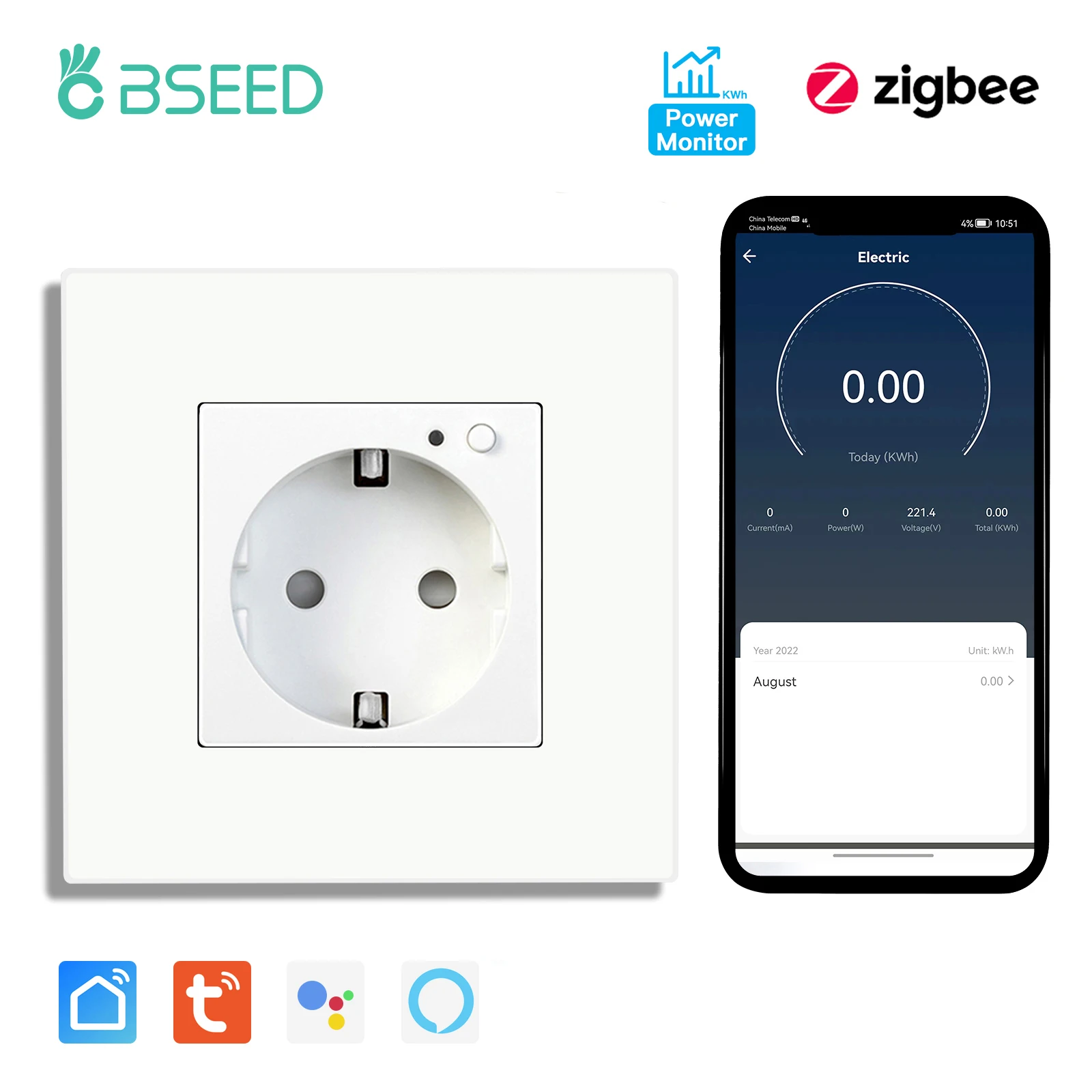 Bseed Zigbee Energy Monitor Steckdose PC Kunststoffrahmen Doppelte Smart Outlets Dreifachstecker Tuya Google Home Smart Life Control
