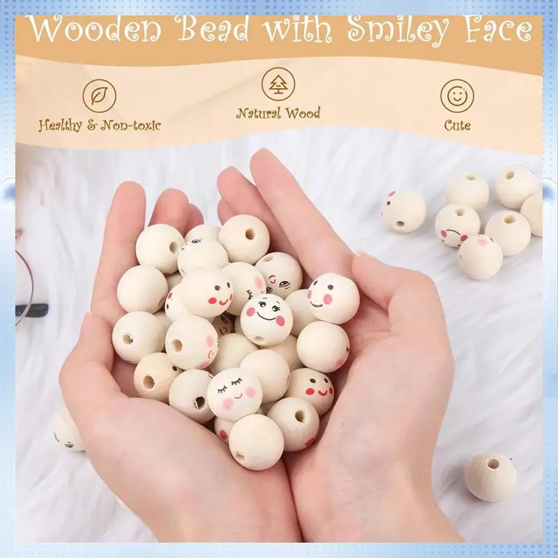 

ABP-Pack Of 100 Wooden Beads With Face, 20 Mm Wooden Balls With Hole For Threading, Wooden Heads For Worry, Wooden Beads