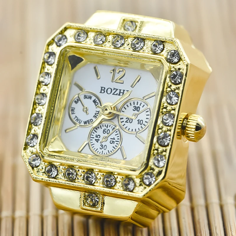 New Hot Sales Creative Diamond Set British Ring Watch Alloy Shell Finger Square Dial Couple Men And Women