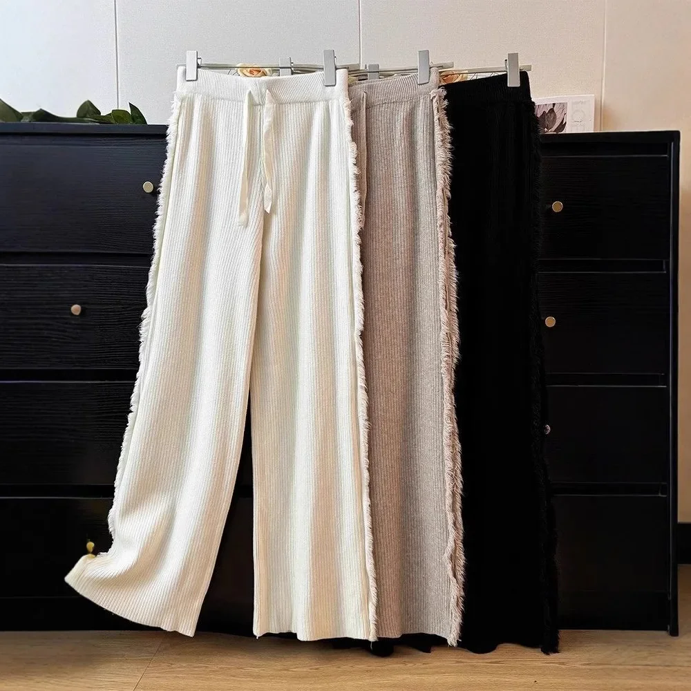 Casual gebreide broek met wijde pijpen Dames hoge taille Drapey losse rechte vloerlengte broek met gerafelde randen Design Sensation