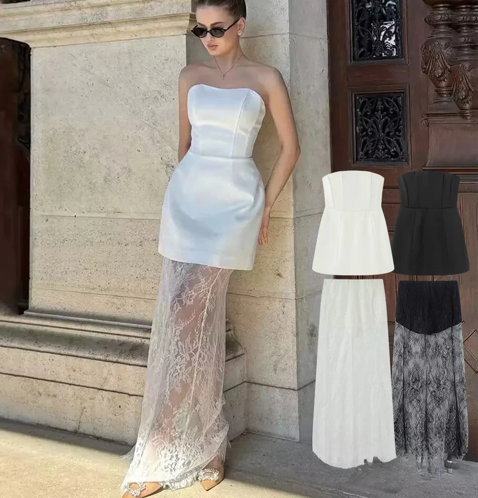 

KONDALA Элегантный осенний шикарный комплект с кружевной юбкой, женский топ без бретелек или кружевная длинная юбка, 2024, летняя мода, уличный сексуальный комплект с юбкой