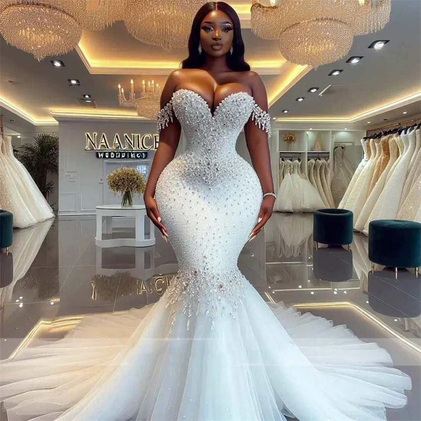 Customized Sparkly Mermaid Wedding Sweetheart Beading  Dress Bridal Gowns Crystals Vestido Long Train