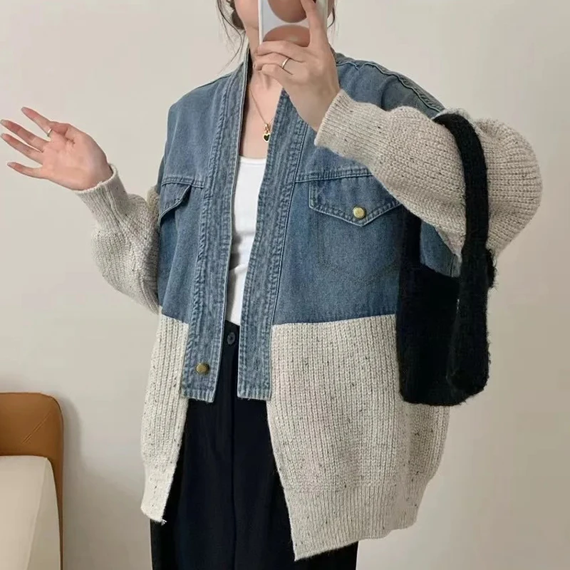 

Женский вязаный джинсовый свитер, пальто, лоскутные джинсовые куртки с v-образным вырезом и длинными рукавами, свободная повседневная уличная одежда, офисная женская осень