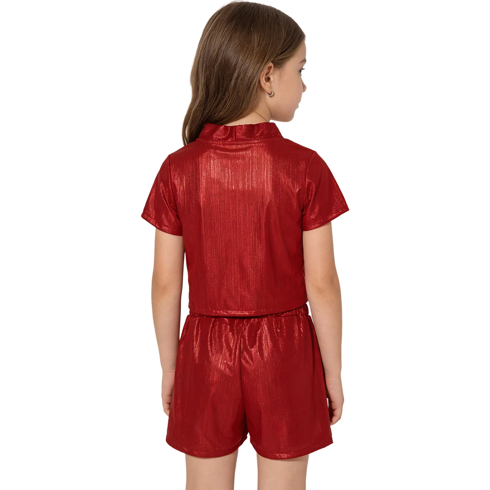 Kids Boys Girls Metallic Glossy Hip Hop Jazz Dance Clothes Outfit Short Sleeve Necktie T-shirt with Shorts Sportswear Streetwear
