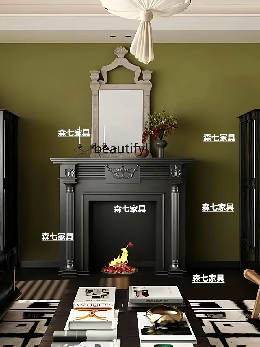 Retro solid wood fireplace rack, black French engraved decorative cabinet, light luxury against the wall, entrance rack