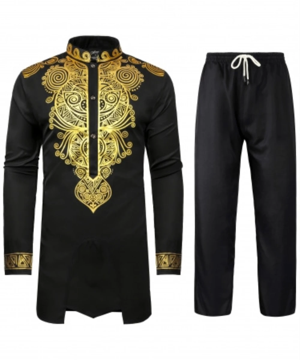 Men African Two Piece Set Traditional Suit Long Sleeve Gold Print Shirt Pants Party Africa 2024 Summer Gentleman Ethnic Outfit