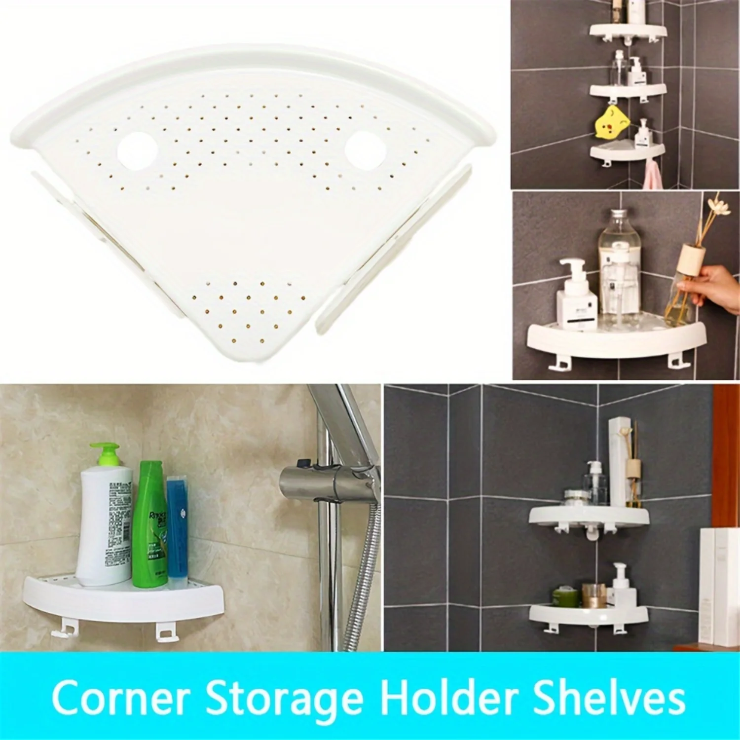 Bathroom Wall Corner Shelf Organizer, Kitchen Corner  Rack Non-Marking Shelf with , Easy to Install (White, One Size)