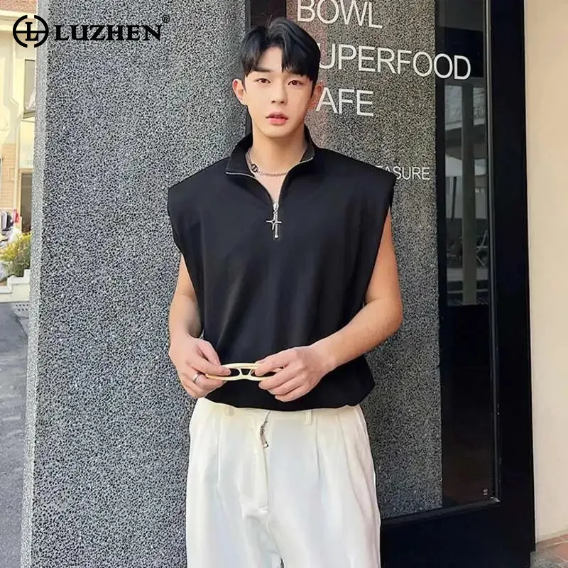 

LUZHEN 2025 Summer New Korean Handsome Sleeveless T-shirts Men's Lapel Zipper Solid Color Loose Casual Tank Tops Clothes JY2201