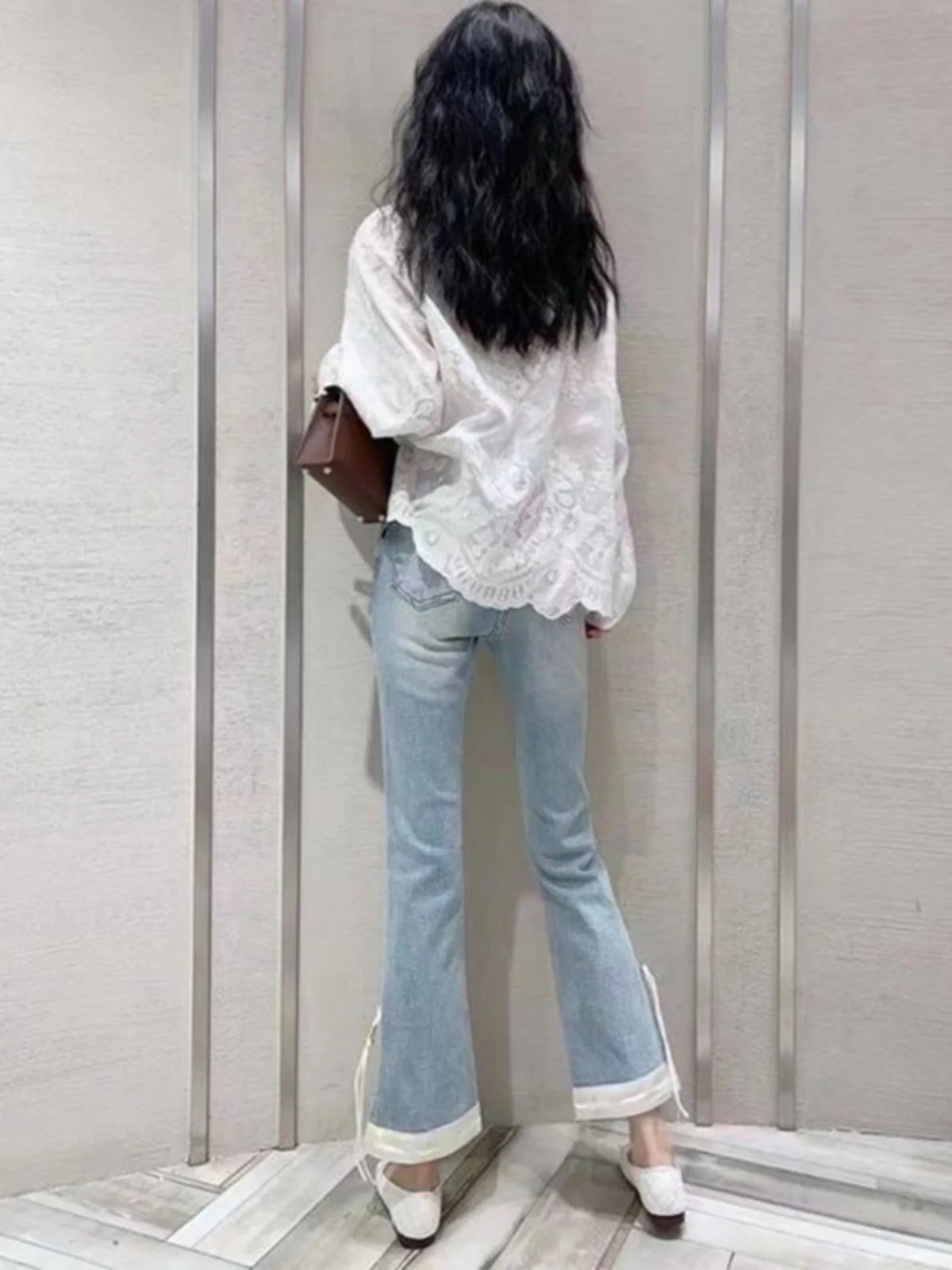 Ele High Waist Micro Flare Jeans Satin Patchwork Elastic Golden Button Tassel Nine Points Slimming Cotton Polyester Blend