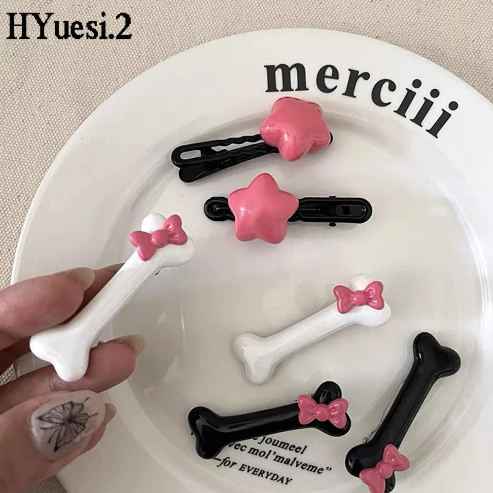 Creative Bowknot Dog Bone Hair Clips White Black Duckbill Hairpin Women Girls Halloween Hair Barrette For Cosplay Party