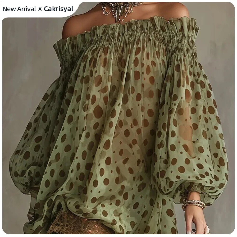 

Women Bohemian Off Shoulder Polka Dot Sexy Dress Sheer Chiffon Lantern Long Sleeve Top With Lace Trim Casual Outfit Mini Dresses
