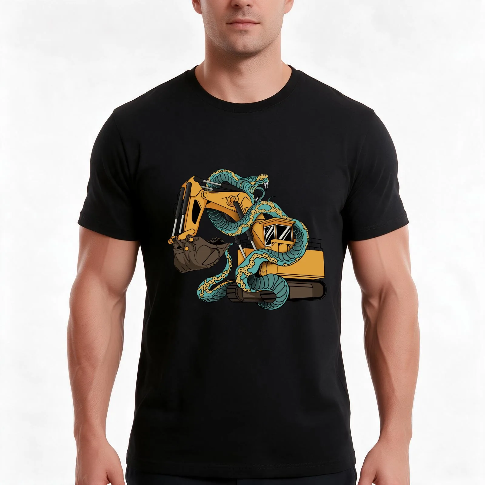 Excavator Vs Anaconda T-Shirt, Summer Casual Cotton Tee, Oversized Streetwear Tops, Vintage Graphic Print, Unisex Men Women