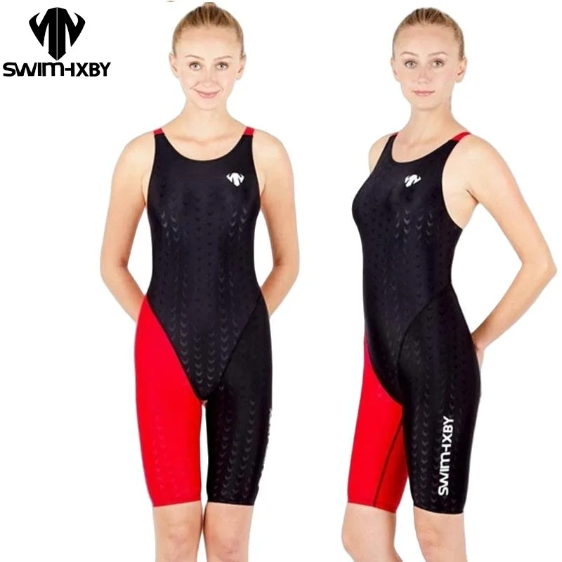 Fastskin One Piece Swimsuit Knee Length Racing Swimsuit Female Swimming Outfit HXBY Women Professional Sporty Swimwear