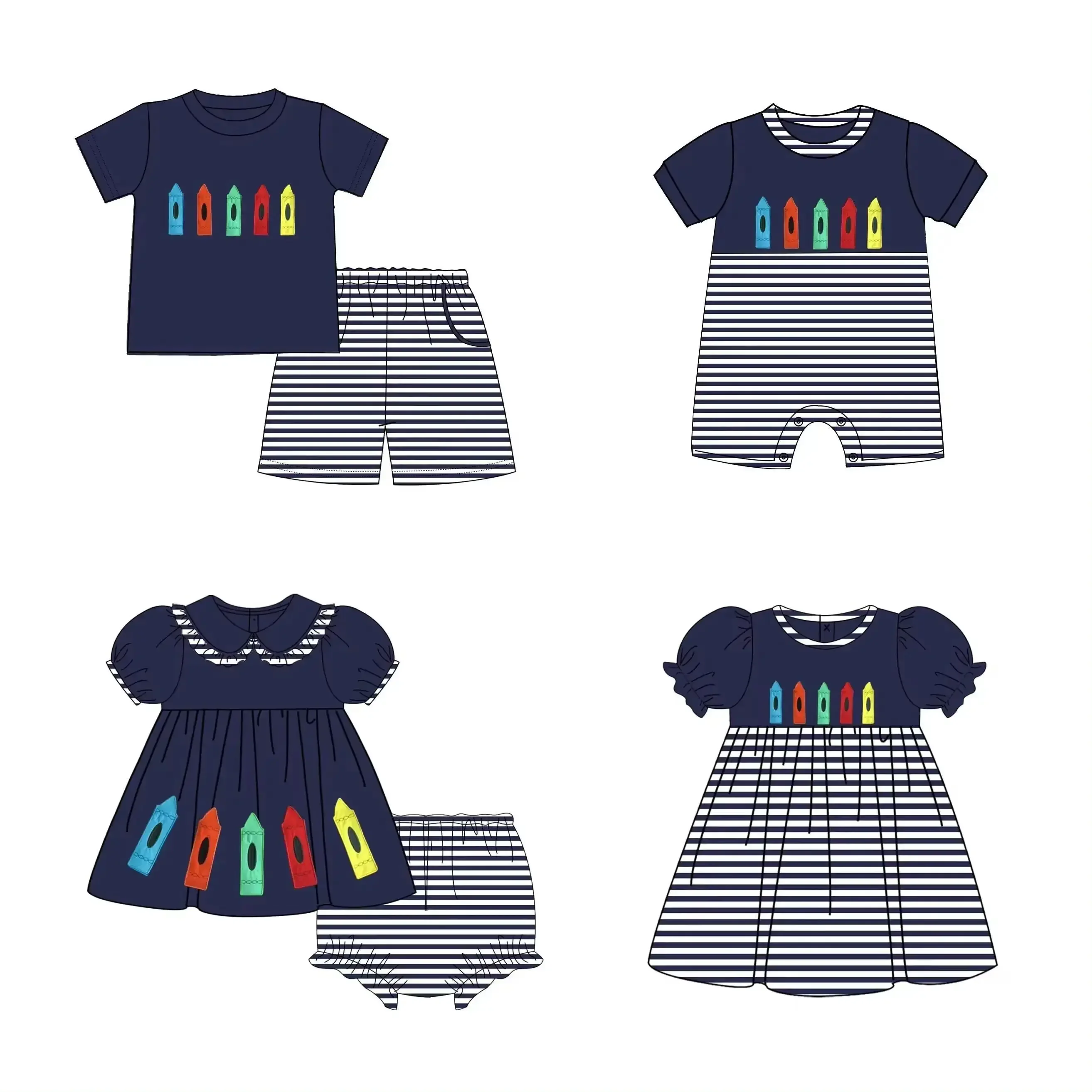 

New hot selling summer clothes navy blue suit black and white striped color pen print baby girl short dress baby back to school