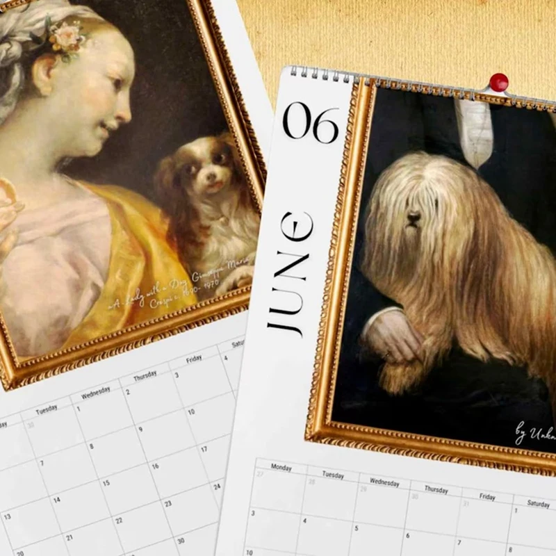 Calendario de perro de dibujos animados 2024, pintura renacentista, perros feos, decoración de pared, 12 meses, 2024