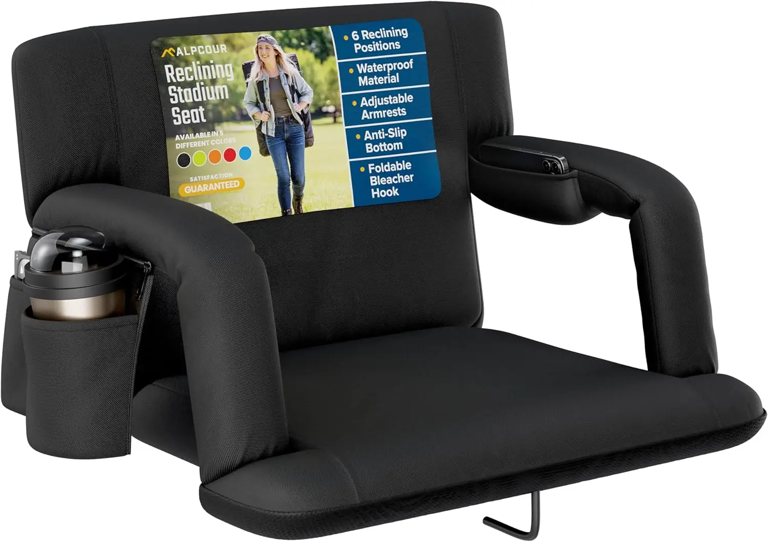 

Reclining Stadium Seat with Back Support, Cushion, Armrests & Pockets – Ideal for Camping, Kayak, Paddle Board