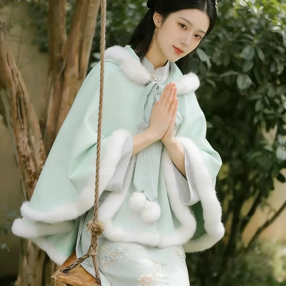 2024 Autumn Winter Women Sweet Lolita Cloak Cute Bear Ear Hooded Outwear Kawaii Clothes Chinese Buckle Button Up Neck Cloaks