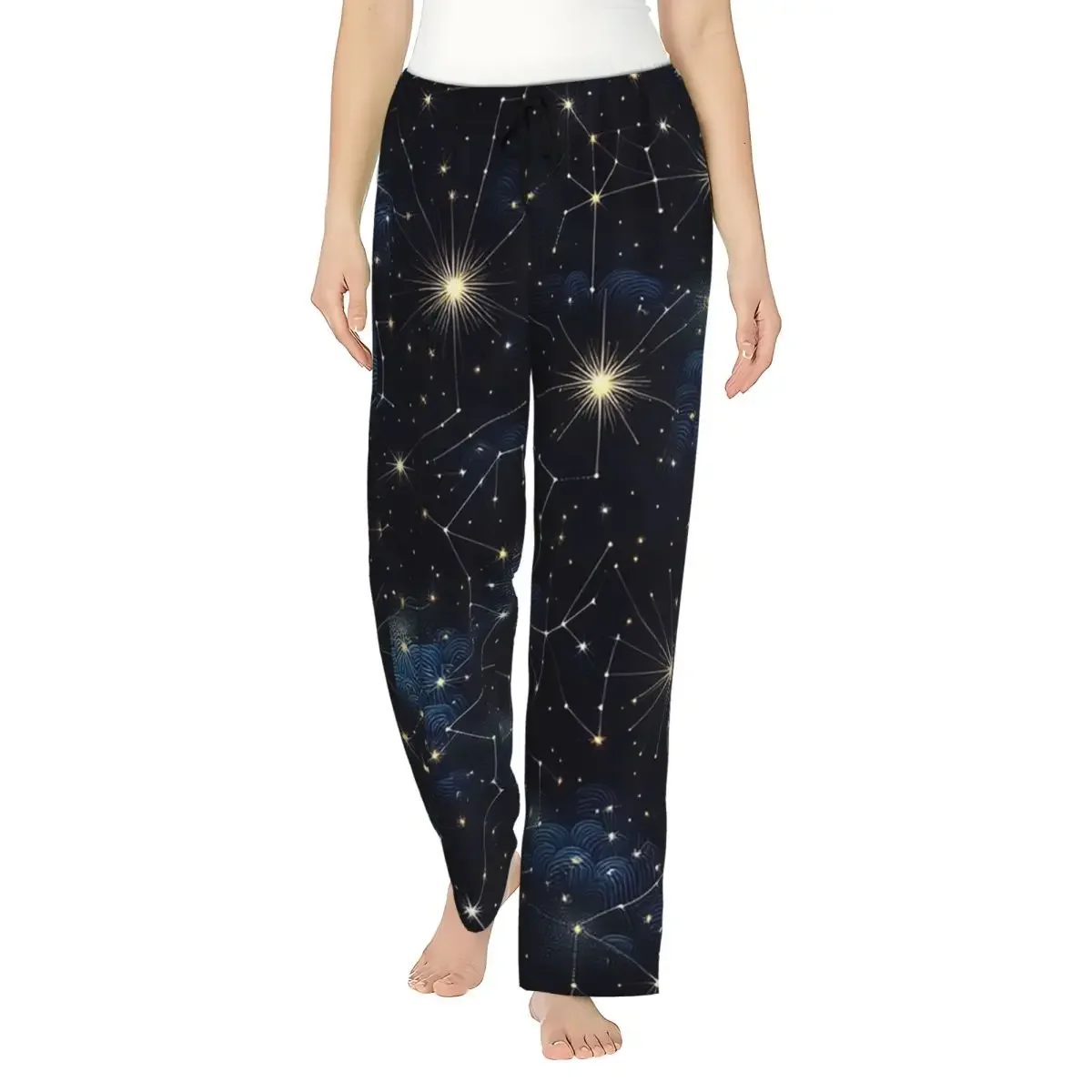 

Custom Night Sky Golden Celestial Stars Zodiac Constellations Women Pajama Pants Lounge Sleep Sleepwear Bottoms with Pockets