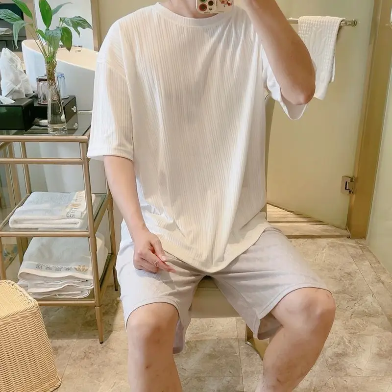 Gentleman Pajamas Short Sleeve Shorts Round Neck  Set Simple Loose Large Size Cotton Loungewear Can Be Worn Outside Summertime