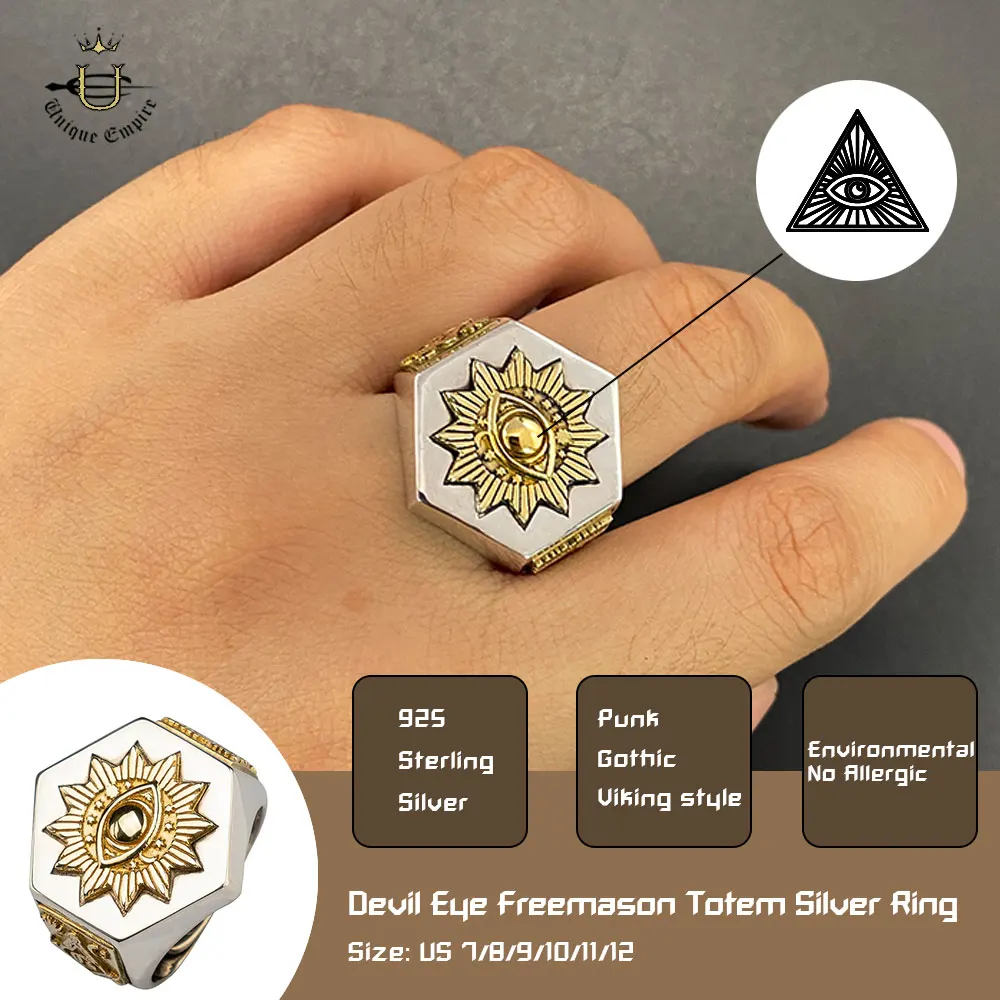 925 Silver Devil Eyes Hexagon Masonic Ring Inlaid Copper For Men Freemason Totem Gothic Jewelry