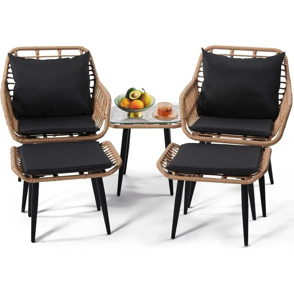 

5-Piece Wicker Patio Bistro Set with 2 Chairs, 2 Ottomans, and Table, Perfect for Outdoor Spaces