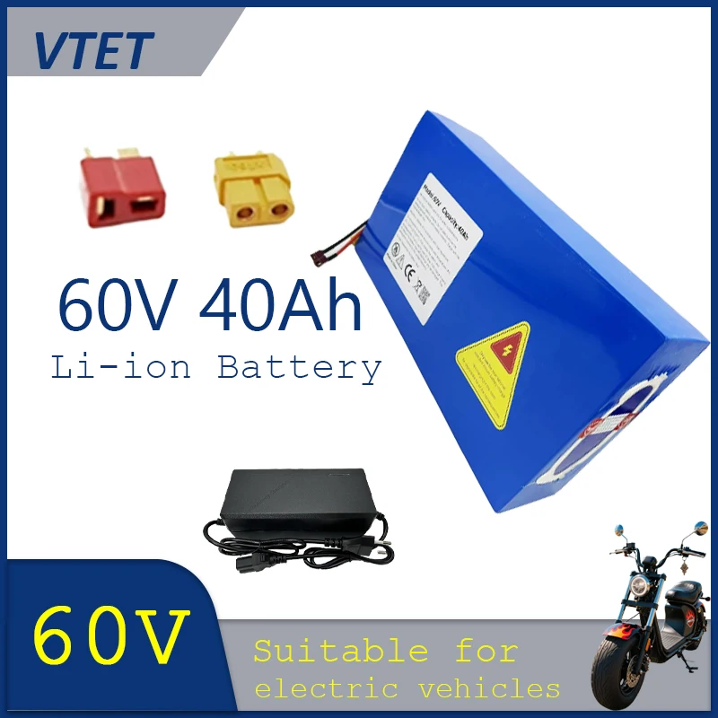 

Литий-ионный аккумулятор 60В 40Ач 2025 года, новый, высокомощный 1000Вт, класс А, элементы 18650, с BMS на одном порту + зарядное устройство 67.2В 3А, настраиваемый разъем