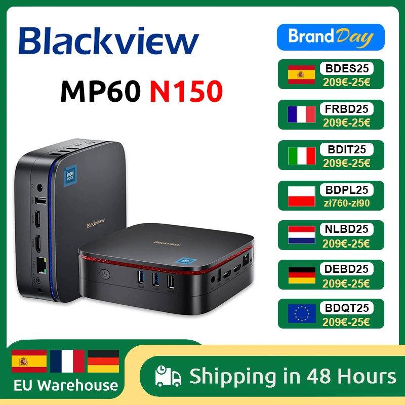 Blackview nouveau MP60 N150 Mini PC Windows 11 PC 16GB 512GB SSD prise en charge 4K UHD affichage Double HDMI double bande WIFI Intel UHD graphique