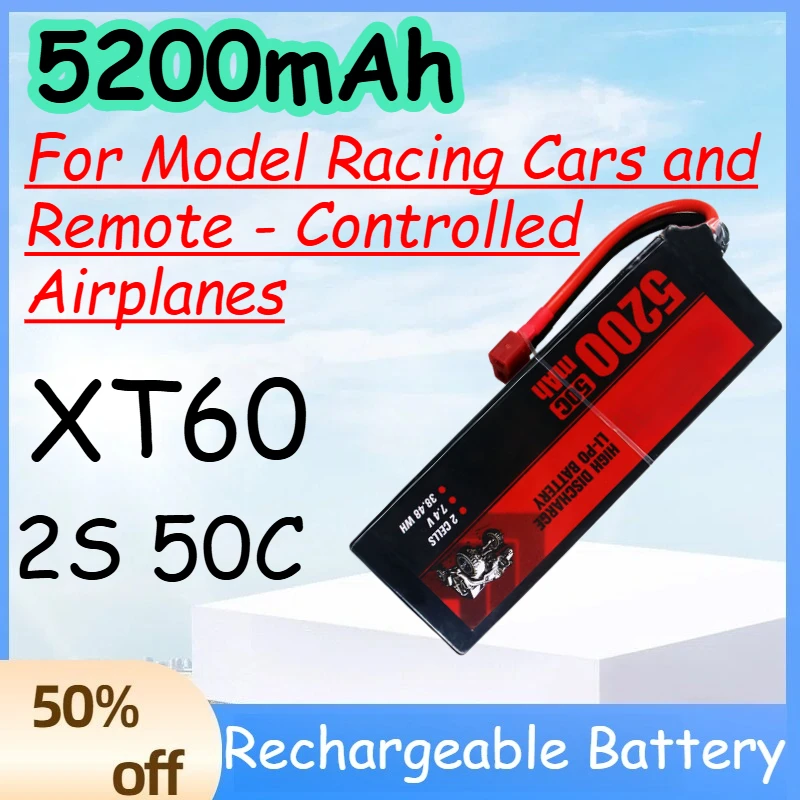 

5200mAh 2S 50C Replace Rechargeable Lipo Battery for Model Racing Cars and Remote - Controlled Airplanes Battery with XT60 Plug
