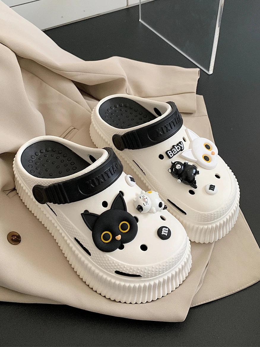 Women Garden Sandals Shoes Instagram Black And White Kitten Hole DIY Home Slippers Shoes Thick Soled Summer Beach Sandals