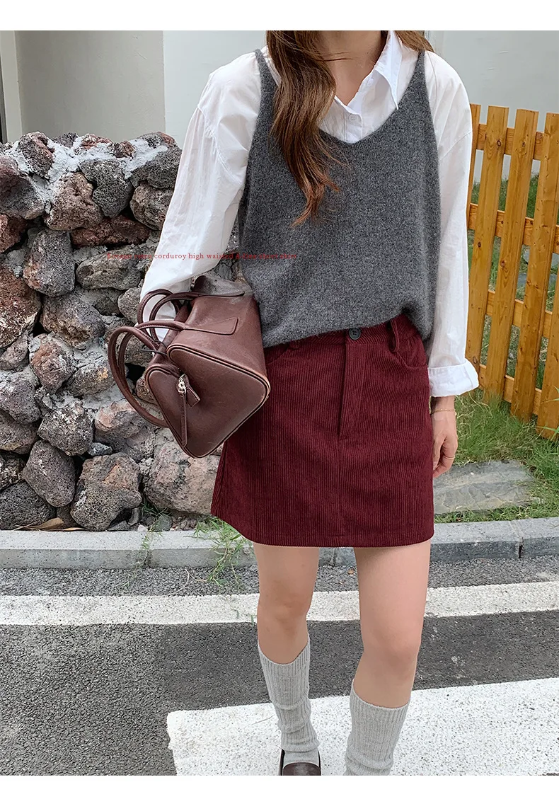 Women's High-Waist A-Line Short Skirt Spring Autumn Retro Brown Corduroy Skirts Woman Solid Color Straight Leg Pencil Skirt Mini
