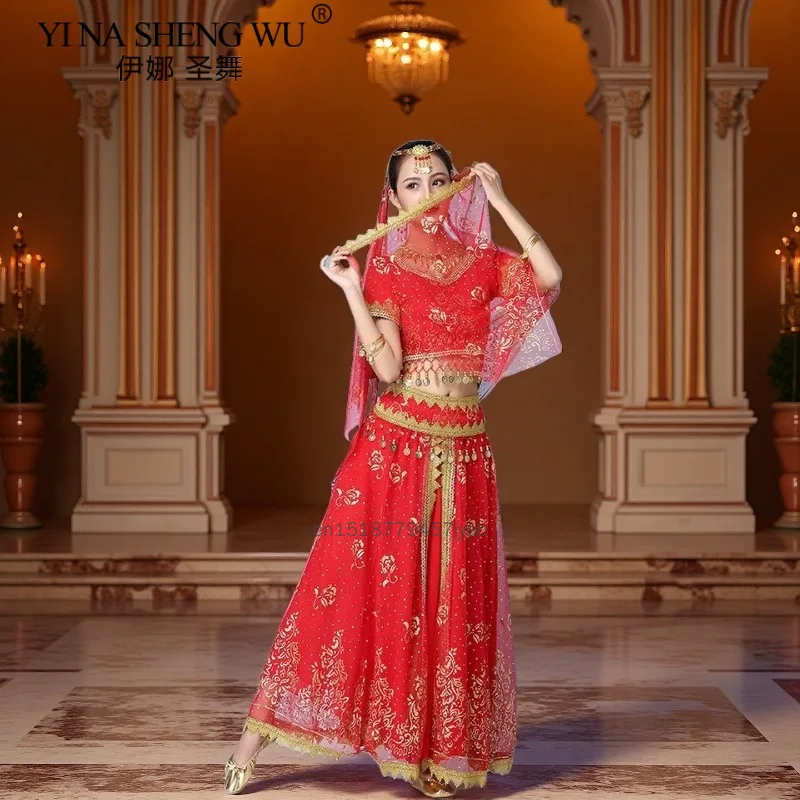 

Новый индийский костюм для танца живота Болливуда, сари, наряд Болливуда, египетский танец живота, сценическое представление, шифоновый комплект с блестками для танца