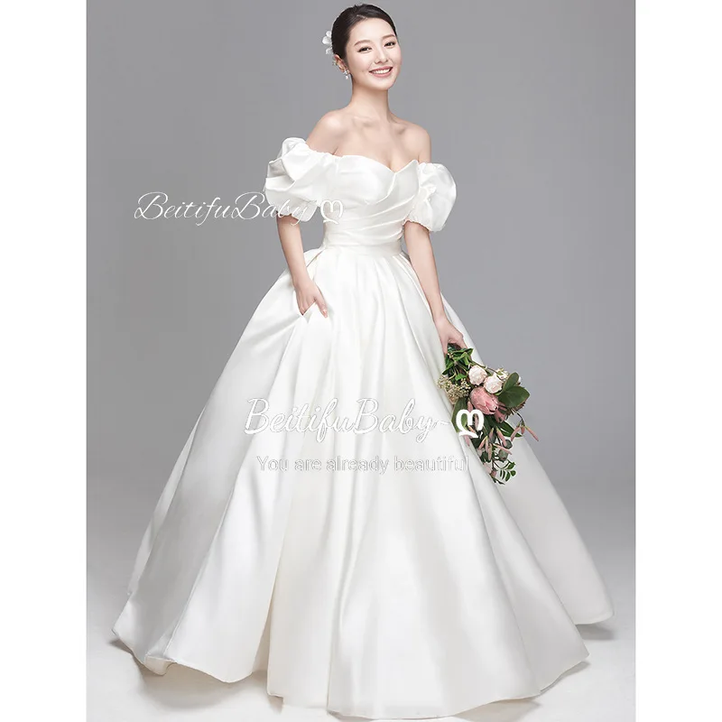 BeitifuBaby Simple Wedding Dress for Women Elegant Off The Shoulder Bubble Short-sleeved Banquet Ball Gown Stain Bridal Dresses