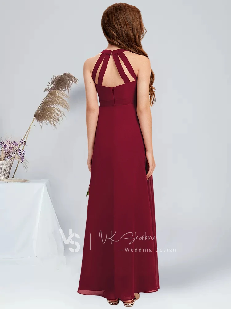 A-line V-Neck Floor-Length Chiffon Junior Bridesmaid Dress Burgundy Graduation Party Dress for Guest Flower Girl Dress Wedding