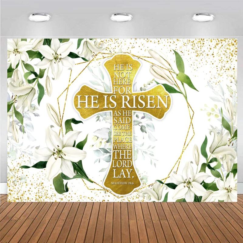 He is Risen Backdrop Happy Easter Spring Flowers Decoration Banner Jesus Resurrection Cross Wall Background for Photography 2024