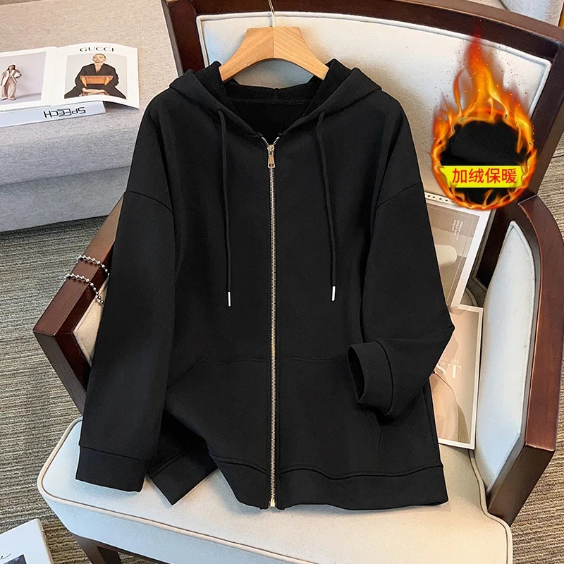 175Kg Plus Size Women's Bust 170 Autumn Winter Loose Fleece Cardigan Hooded Jacket Black Wine Red 5XL 6XL 7XL 8XL 9XL 175KG