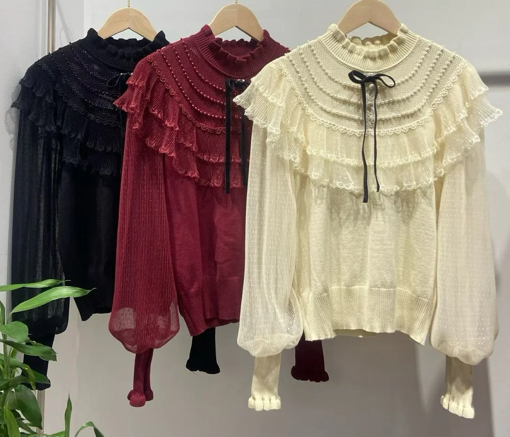 

New Hot Sale Sweaters 2025 Autumn Winter Tops Lady Beading Bow Sexy Tulle Mesh Patchwork Long Sleeve Apricot Red Apricot Jumpers