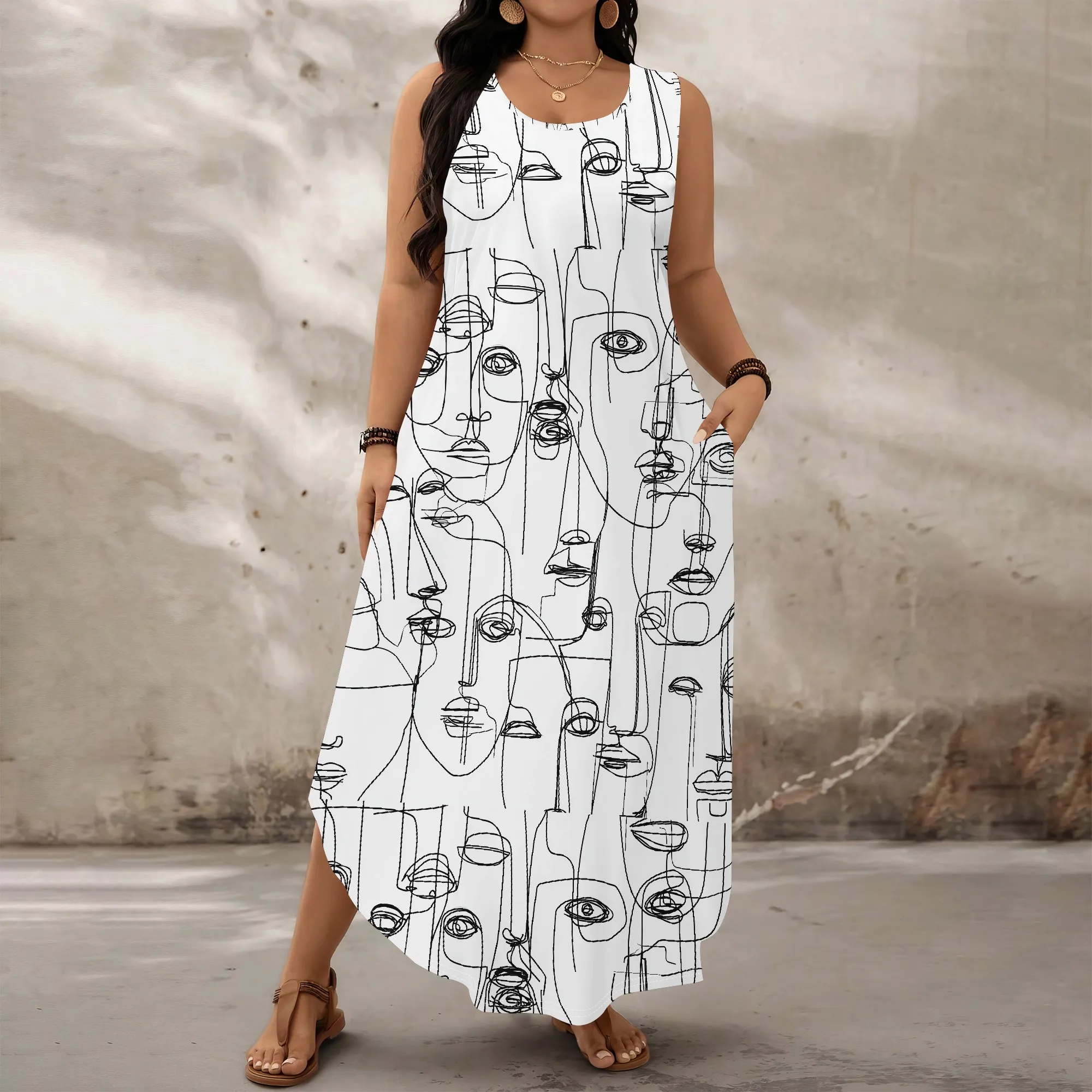 

Women's Plus Size Sleeveless Maxi Dress Abstract Line Face Print B&W Loose Casual Summer Beach Vacation Pocket Sundress XL-6XL